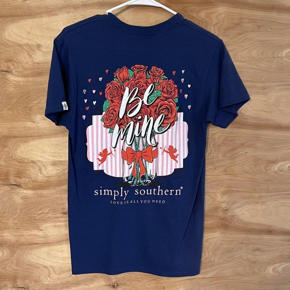 SIMPLY SOUTHERN WOMENS SMALL BE MINE  BLUE TEE SHIRT Cupid Hearts Flowers NWT - Picture 6 of 7